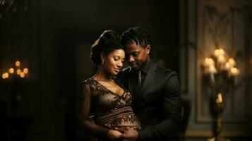 Pregnant african american woman with her husband in the room. Generative AI. photo