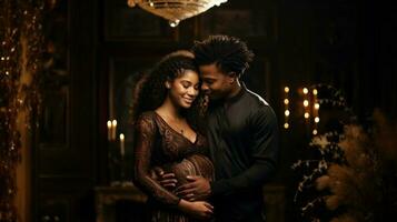 Young african american couple expecting a baby in a loft interior. Generative AI. photo
