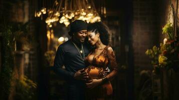 African american couple expecting a baby. Portrait of a young pregnant woman and her husband. Generative AI. photo