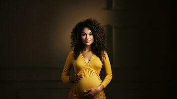 Beautiful pregnant woman in yellow dress with curly hair on dark background. Generative AI. photo