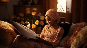 Beautiful african american girl in turban reading book at home. Generative AI. photo