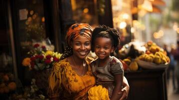 retrato de africano madre y hija sonriente a el cámara en el calle. generativo ai. foto