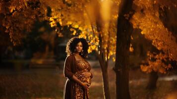 Beautiful african american pregnant woman in golden autumn park. Generative AI. photo