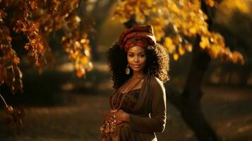 Beautiful pregnant african american woman with afro hairstyle in autumn park. Generative AI. photo
