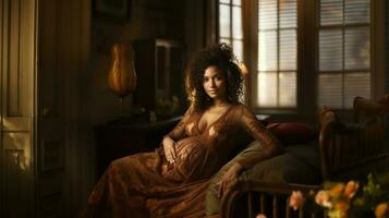 Beautiful pregnant african american woman with curly hair sitting on the bed. Generative AI. photo