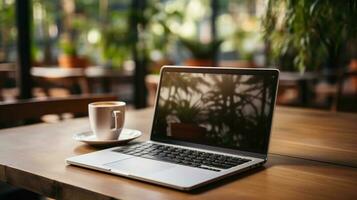 Laptop and coffee cup on wooden table in coffee shop. Generative AI. photo