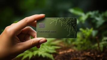 Close up of human hand holding credit card with green nature background. Generative AI. photo