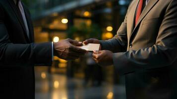 Businessman giving a credit card to a colleague in a night city. Generative AI. photo