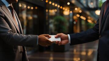 Businessman giving a business card to another man, close-up. Generative AI. photo