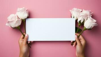 Womans hands holding blank card and white roses on pink background. Generative AI. photo