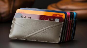 Credit cards in a leather wallet on a dark background close-up. . photo