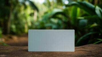 Blank white business card on the wooden table with nature background. Generative AI. photo