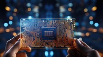 Close up of human hands holding smart phone with circuit board on background. . photo