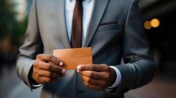 Cropped view of african american businessman holding card in city. Generative AI. photo