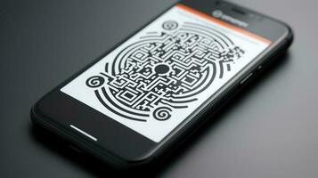 Smartphone with QR code on the screen. Generative AI. photo