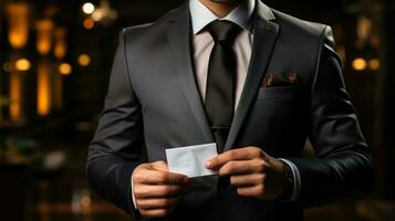 Close-up of a man in a suit holding a business card. Generative AI. photo