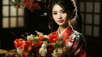 Beautiful asian woman in kimono with bouquet of flowers. Japanese bride. Generative AI. photo