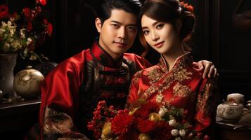 Portrait of beautiful asian couple in traditional chinese dress with flowers. Generative AI. photo