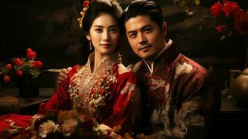 retrato de un hermosa asiático Pareja en tradicional chino vestido. generativo ai. foto