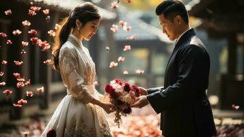 hermosa asiático novia y novio participación manos y Boda ramo de flores en contra pétalos de flores generativo ai. foto