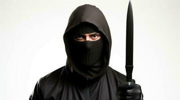 enmascarado delincuente hombre con un cuchillo en su manos en un blanco antecedentes. generativo ai. foto
