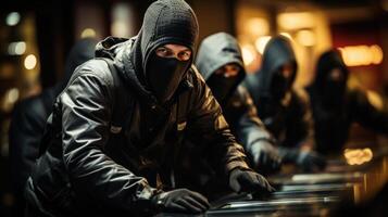 grupo de hombres en un mascaras robando un banco. generativo ai. foto