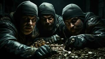 Dangerous group of men in the dark with a lot of gold coins money. Generative AI. photo