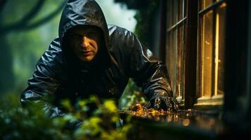 Hooded burglar man in a dark raincoat and hoodie breaking into a house via a window. Generative AI. photo