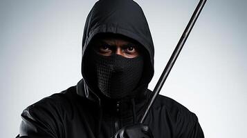 Man thief in balaclava with a crowbar in his hand on grey background. . photo