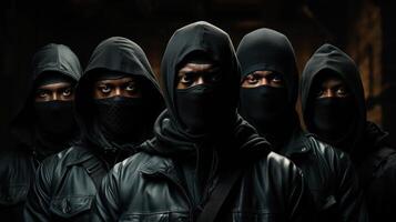 Group of black mafia people gang members wearing balaclava and looking at camera. . photo