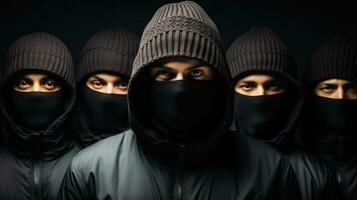 grupo de enmascarado hombres en negro mascaras mirando a cámara terminado oscuro antecedentes. generativo ai. foto