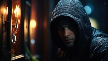 Portrait of a robber man in a hood on the street at night. . photo