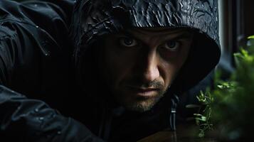 Portrait of a burglar man in a black raincoat with a hood creeps to the house on the ground. . photo