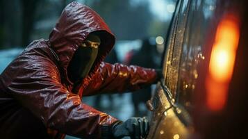 Car thief man in a red raincoat with a hood on his head opens door. Generative AI. photo