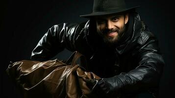 Handsome adventurer thief man in leather jacket and hat with brown bag. Generative AI. photo