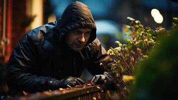 hombre ladrón en un negro chaqueta y guantes tranquilamente se cuela dentro el casa desde patio interior a noche. generativo ai. foto