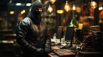 Hacker in a black mask stealing data from a computer at night. . photo