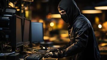 Hooded hacker stealing data from a computer in a dark room. . photo