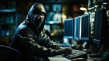 Hacker in hood stealing data from computer. Cybercrime concept. Generative AI. photo