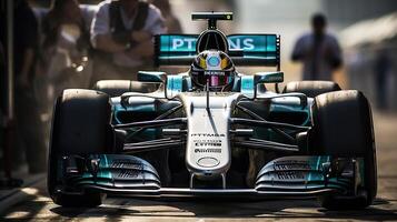 F1 races through the turns during Formula One Grand Prix Circuit. . photo