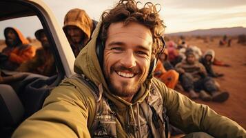 Young man taking selfie in safari race with group of friends on background. Generative AI. photo