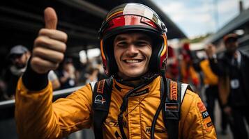 Man driver in helmet show thumb up oone Formula One Grand Prix. Generative AI. photo