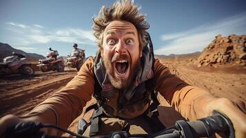 Surprised funny man riding on a quad bike in the desert. Generative AI. photo