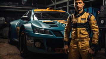 retrato de un hermoso joven hombre en ropa de deporte en pie en frente de un su coche en cochera. generativo ai. foto