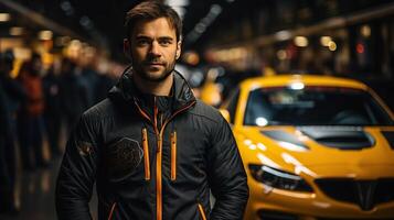 Portrait of a handsome young man in sportswear standing in front of a yellow sport race car. Generative AI. photo