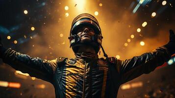 retrato de un masculino piloto ganador en un casco y lentes en el antecedentes de el etapa luces. generativo ai. foto