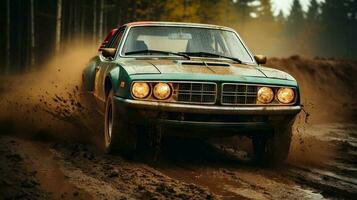 Vintage american classic racing car on a dirt road in the forest. Extreme sport.  Generative AI. photo