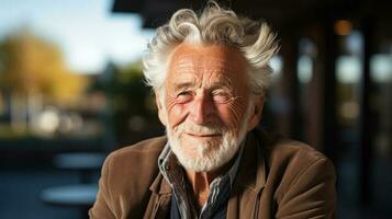 retrato de un mayor hombre con gris pelo en el calle. generativo ai. foto