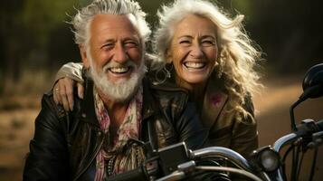 Happy senior couple on a motorcycle in the countryside. They are smiling and looking at the camera. Generative AI. photo