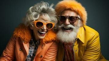 Cheerful and funny senior couple in orange yellow jackets and sunglasses laugh at camera. Generative AI. photo